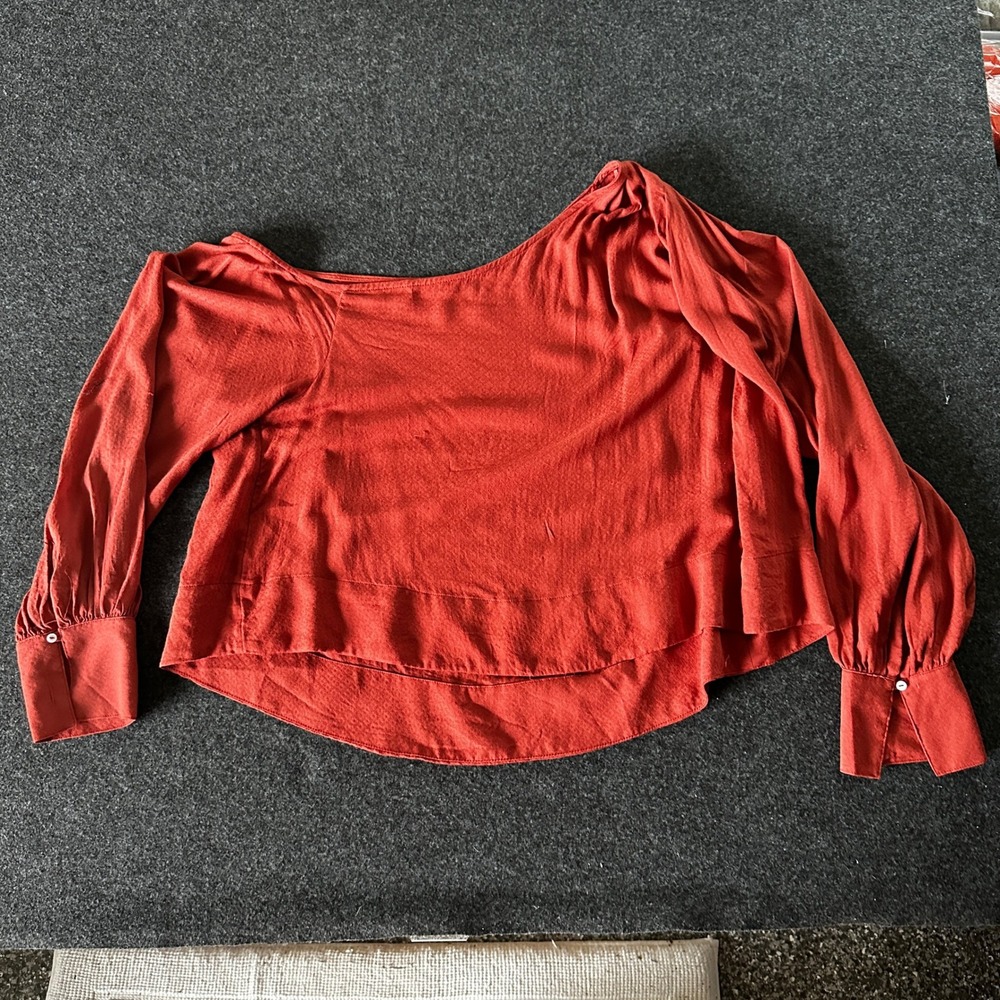 Free People Justina One Shoulder Blouse Rust Orange Textured Long Sleeve Top LG